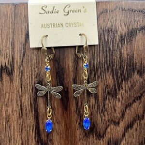 Blue Austrian Crystal Dragonfly Earrings. Brass Findings Dangling Earrings Blue